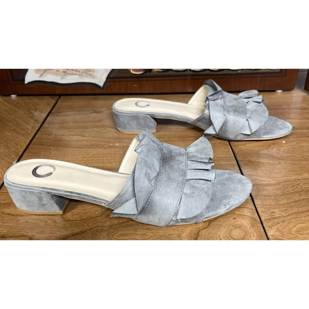 Gray Open-Toe Slip-On Sandals With Ruffle Design & Block Heel Size 11 - Picture 2 of 6